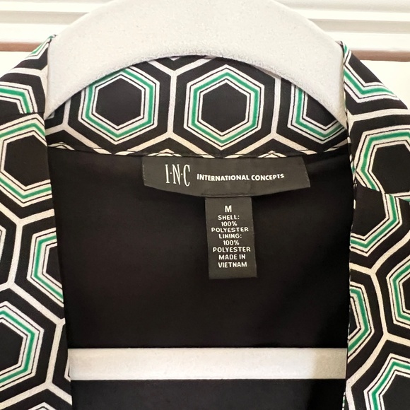 INC lined green and black hexagon blouse. Size Medium - Picture 6 of 11